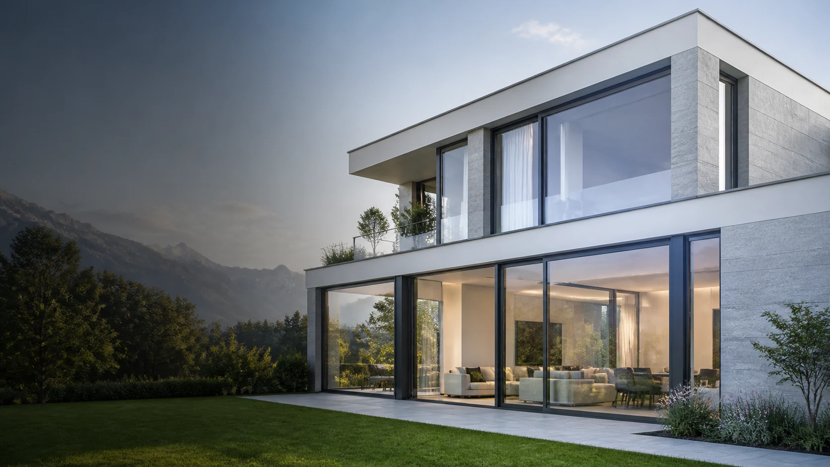 Maison contemporaine en Suisse romande avec de grandes fenêtres et baies vitrées